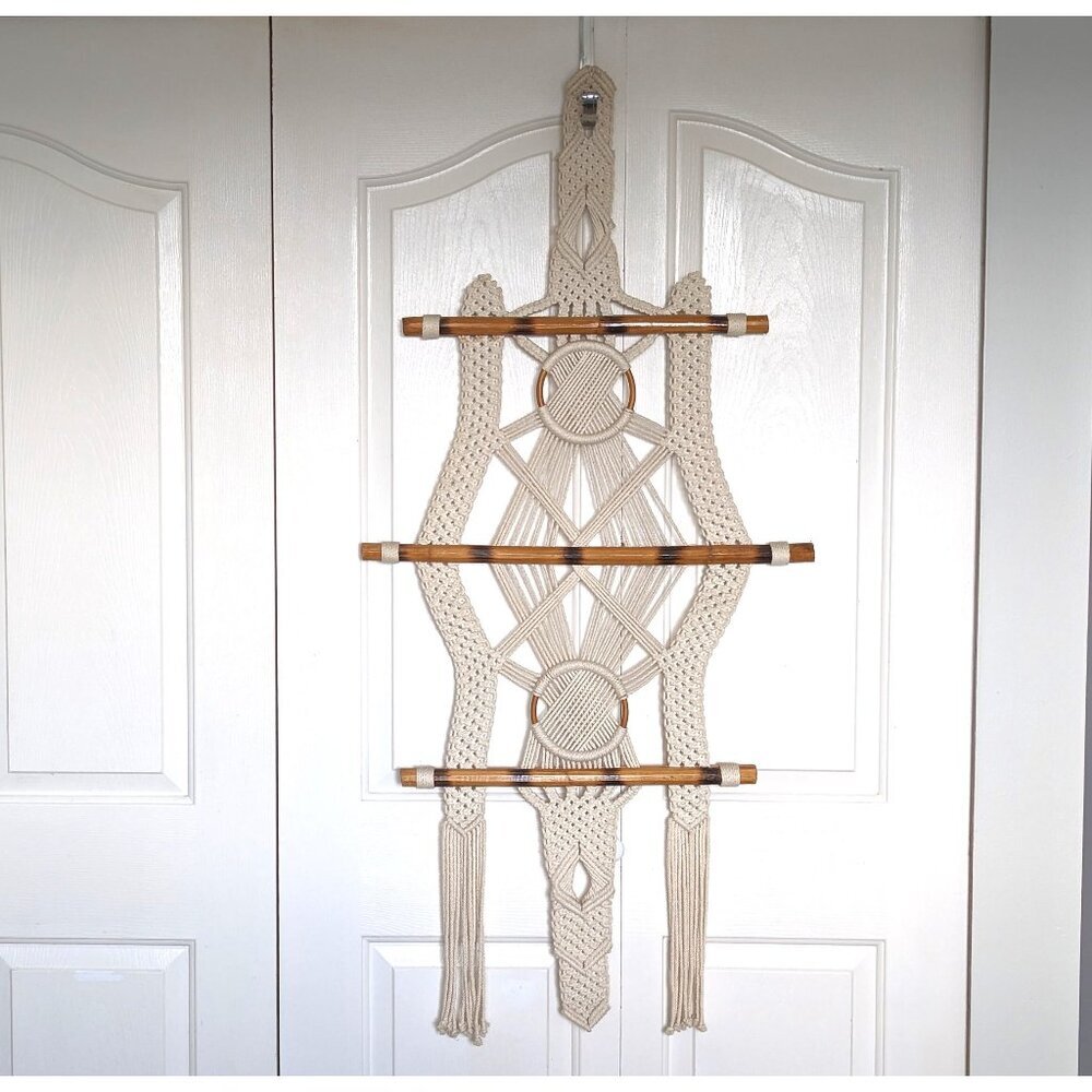 Vintage 1970s macrame wall hanging 49 x 23", boho fiber art home decor,